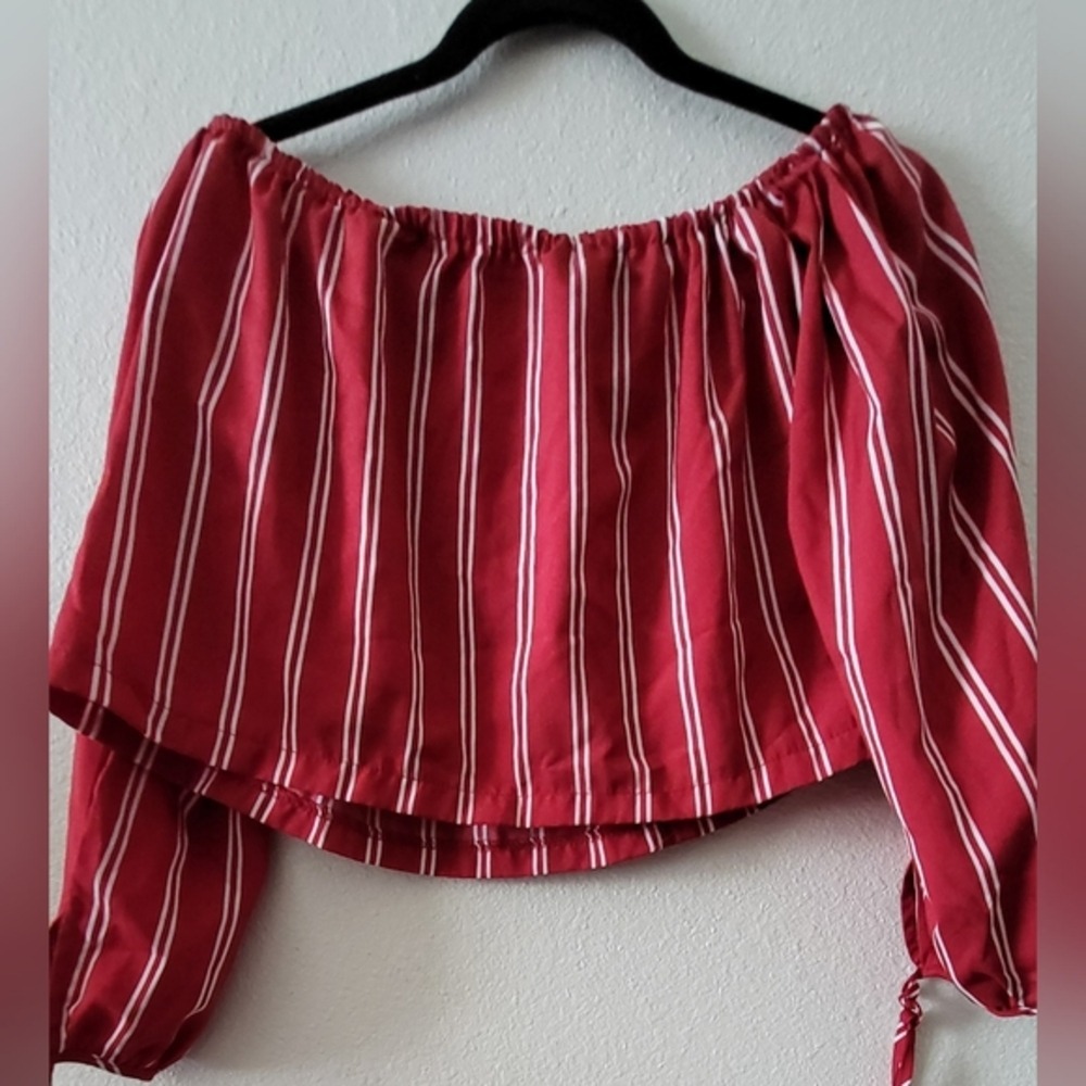 Red White Vertical Striped Off The Shoulder Crop Top Long Sleeve Tie Cuff Blouse